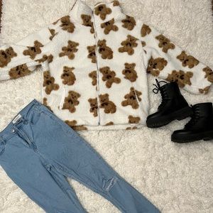 Bear pattern fleece zip up jacket